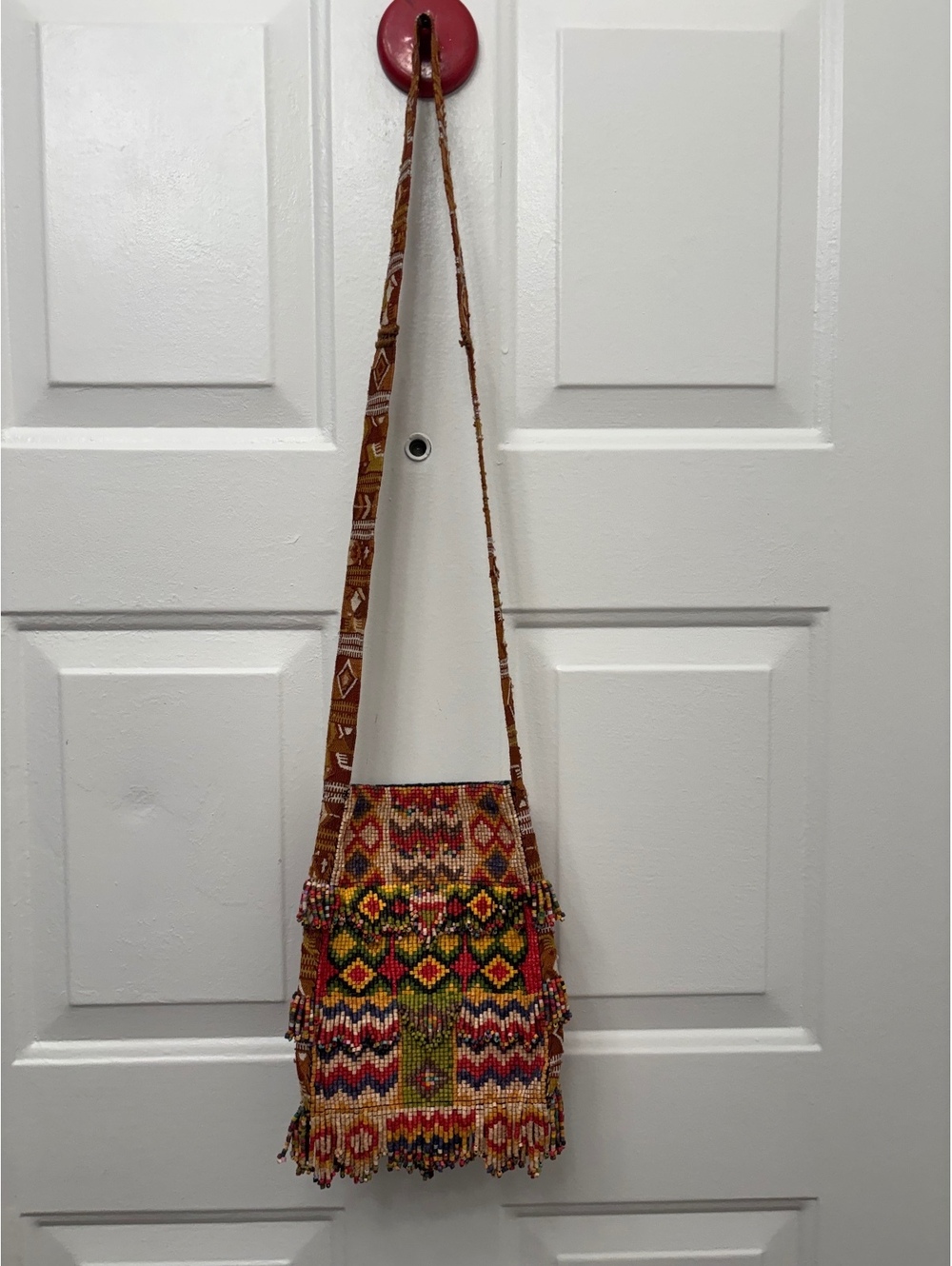 Vintage-Style Handmade Beaded Fringe Shoulder Bag – Multicolor Geometric Boho